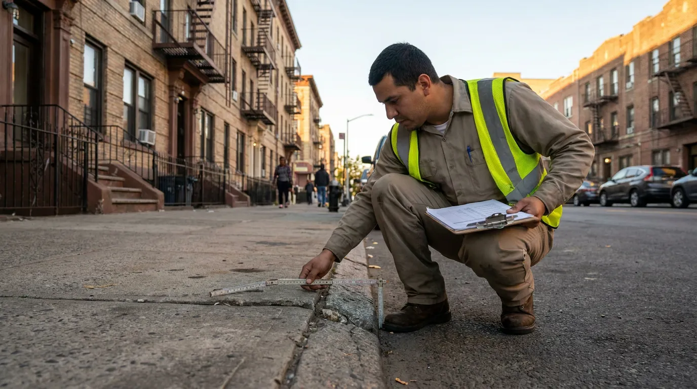 safety vest inspector measuring cracked sidewalk curb with ruler and clipboard