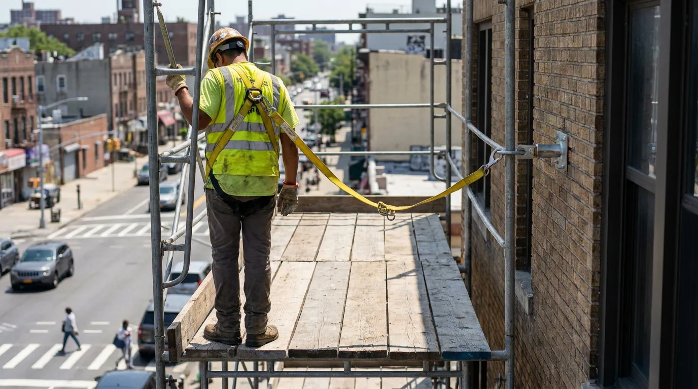 construction worker in hard hat and safety vest standing on elevated scaffold platform