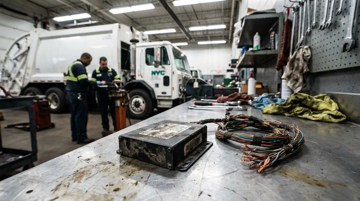 two mechanics inspecting NYC sanitation truck in repair garage with wiring harness on workbench