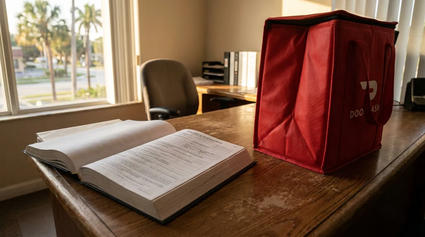 open legal document beside DoorDash delivery bag on law office desk