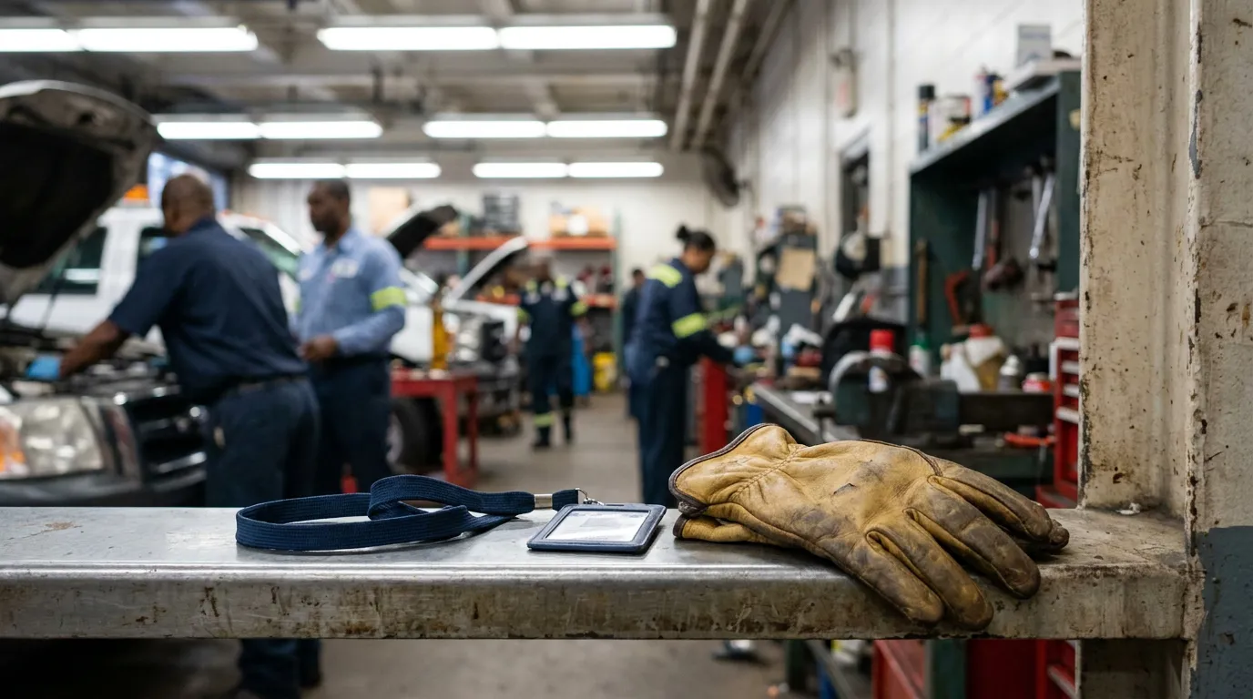 Manhattan City Municipal Worker Garage Injury Claim worn work glove and ID badge on workbench inside busy auto repair shop