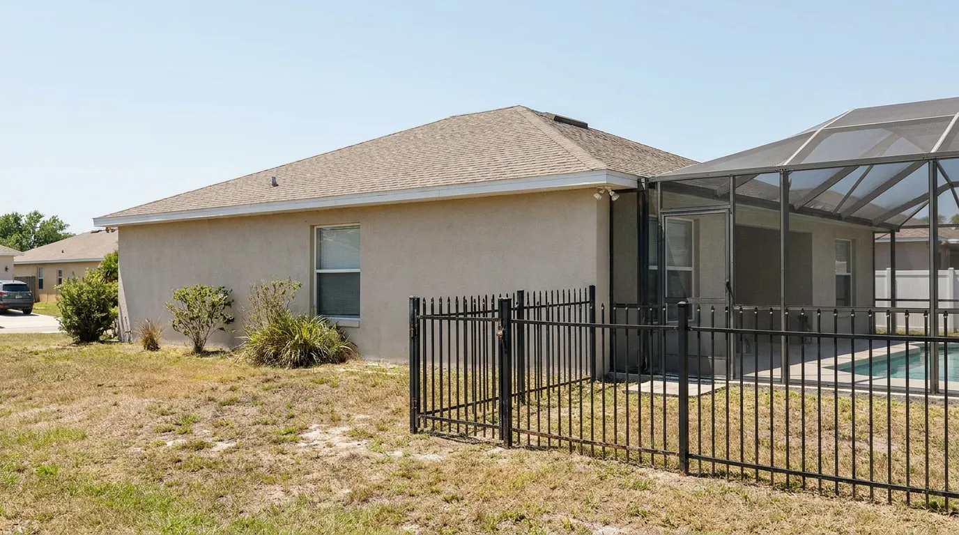Florida Home Pool Fence Gate Attractive Nuisance residential home exterior with metal pool fence gate and screened enclosure