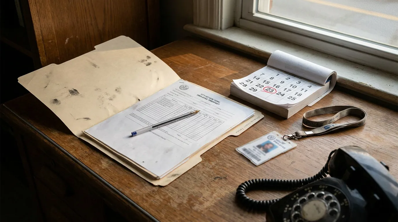 Staten Island City Worker Missed Notice Deadline Desk City of New York employer form in open folder beside calendar with circled date 23, employee ID badge, and rotary telephone on wooden desk