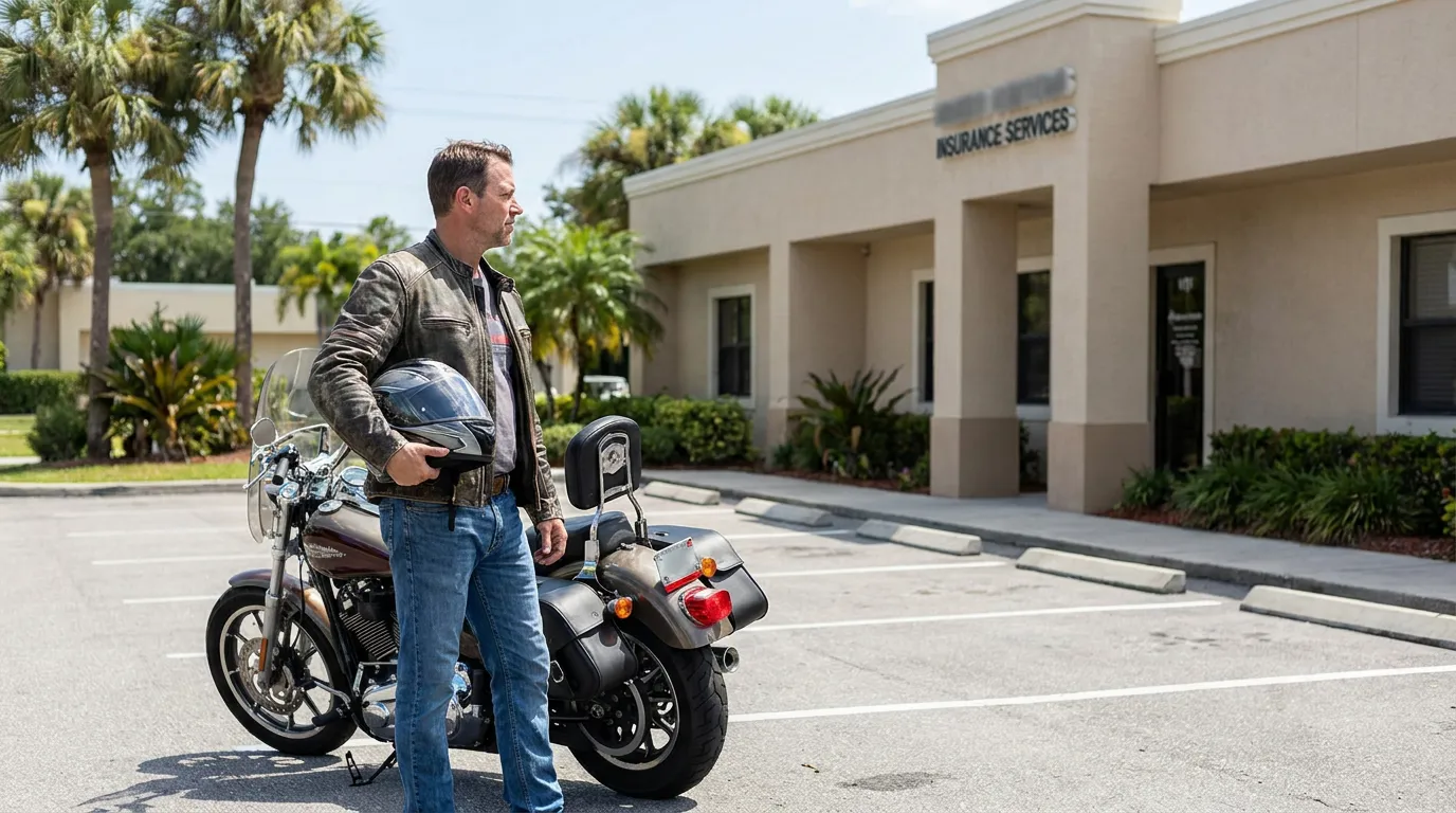 Florida Rider Holding Helmet Outside Insurance Services Office motorcyclist holding helmet standing beside parked motorcycle outside Insurance Services building