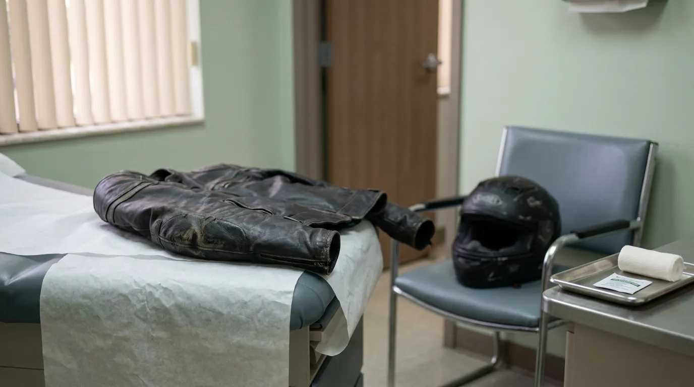 Motorcycle Road Rash Treatment Ft Lauderdale Clinic worn leather motorcycle jacket and helmet left in medical examination room