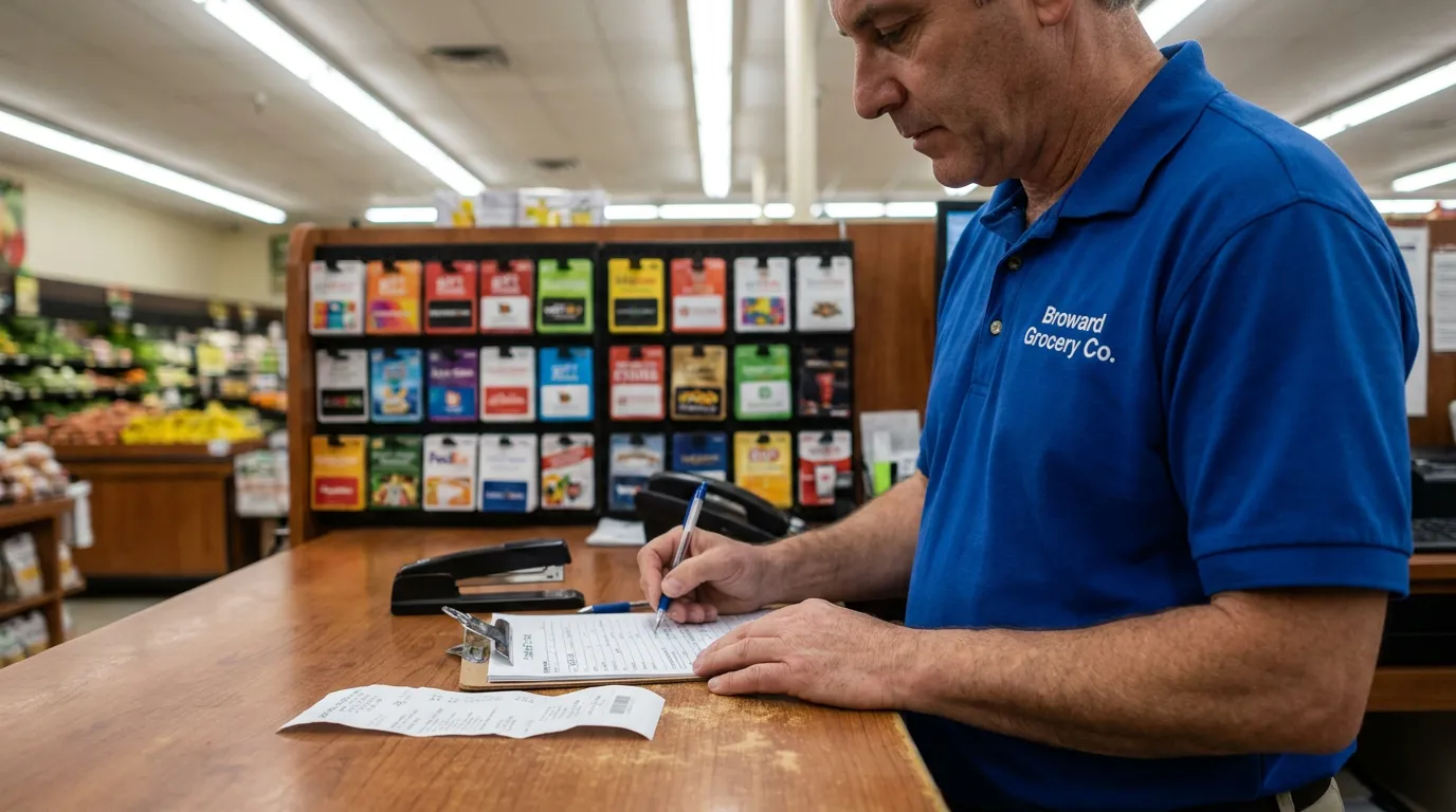 Broward Grocery Co. employee writing on clipboard at store checkout counter