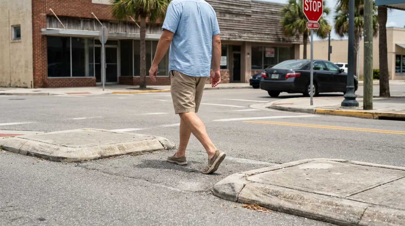 Pedestrian Crossing Unmarked Crosswalk In Ft Lauderdale pedestrian crossing urban intersection near stop sign and curb cutout