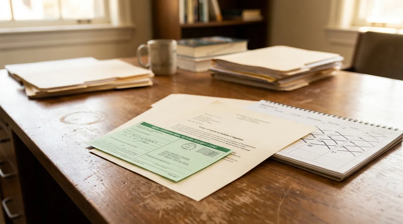 Fort Lauderdale Notice Of Intent Presuit Screening Documents USPS certified mail return receipt card beside legal notice letter and calendar on desk