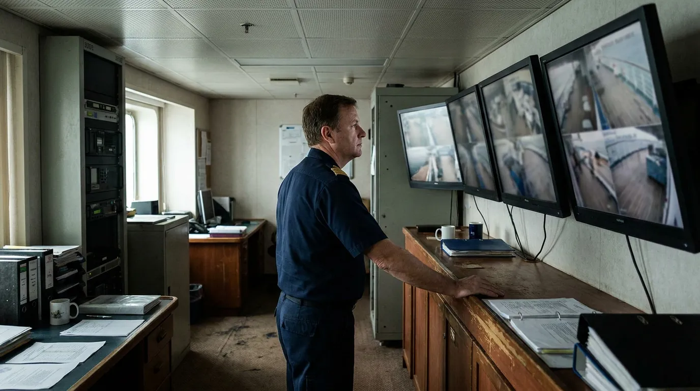 uniformed maritime officer reviewing multiple surveillance monitors aboard vessel control room