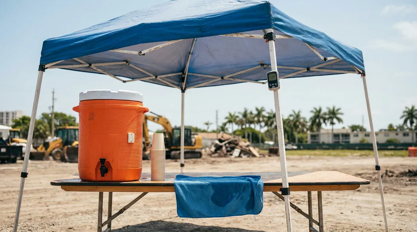 Ft Lauderdale Construction Site Heat Safety Water Station water cooler and cups on table under canopy at outdoor construction site