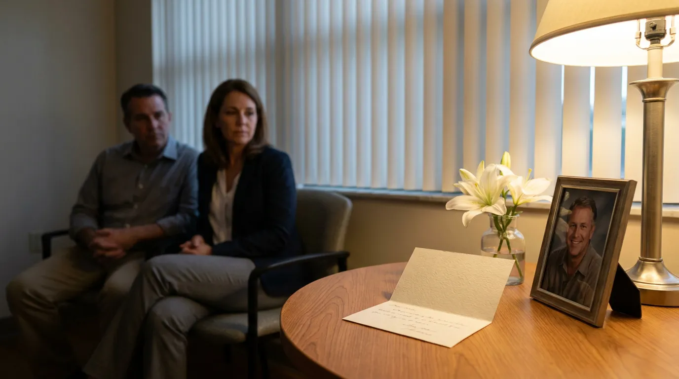 Grieving Family In Ft Lauderdale Attorney Office grieving couple seated near framed portrait, flowers, and handwritten card on table