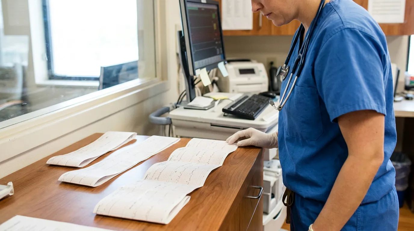 Nurse Reviewing Fetal Heart Tracing Ft Lauderdale gloved medical professional in scrubs reviewing ECG printouts on hospital counter