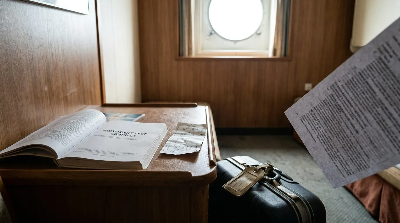 Cruise Passenger Ticket Contract Ft Lauderdale Cabin open passenger ticket contract booklet on desk beside luggage in ship cabin