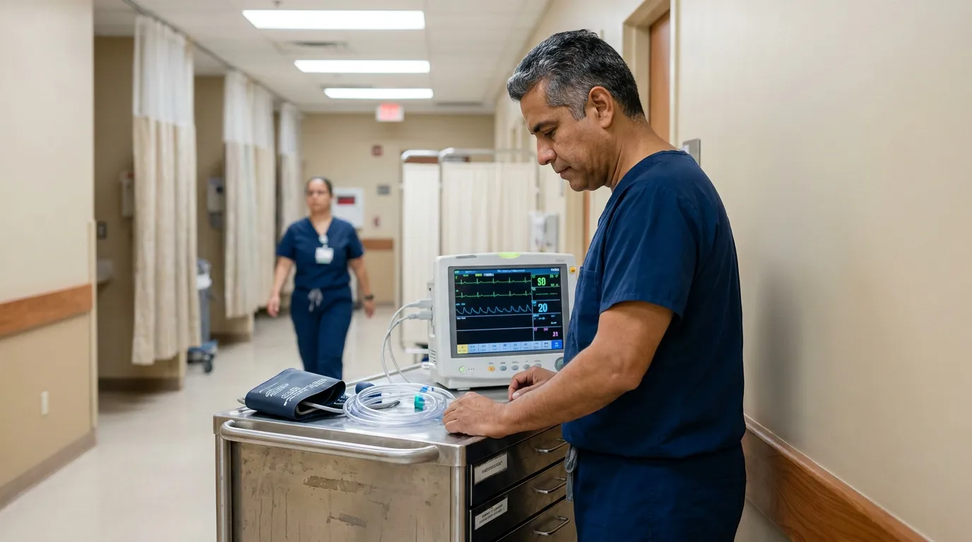 Miami Anesthesiologist Checking Monitor In Hospital Hallway medical professional in scrubs reviewing patient vital signs monitor in hospital hallway