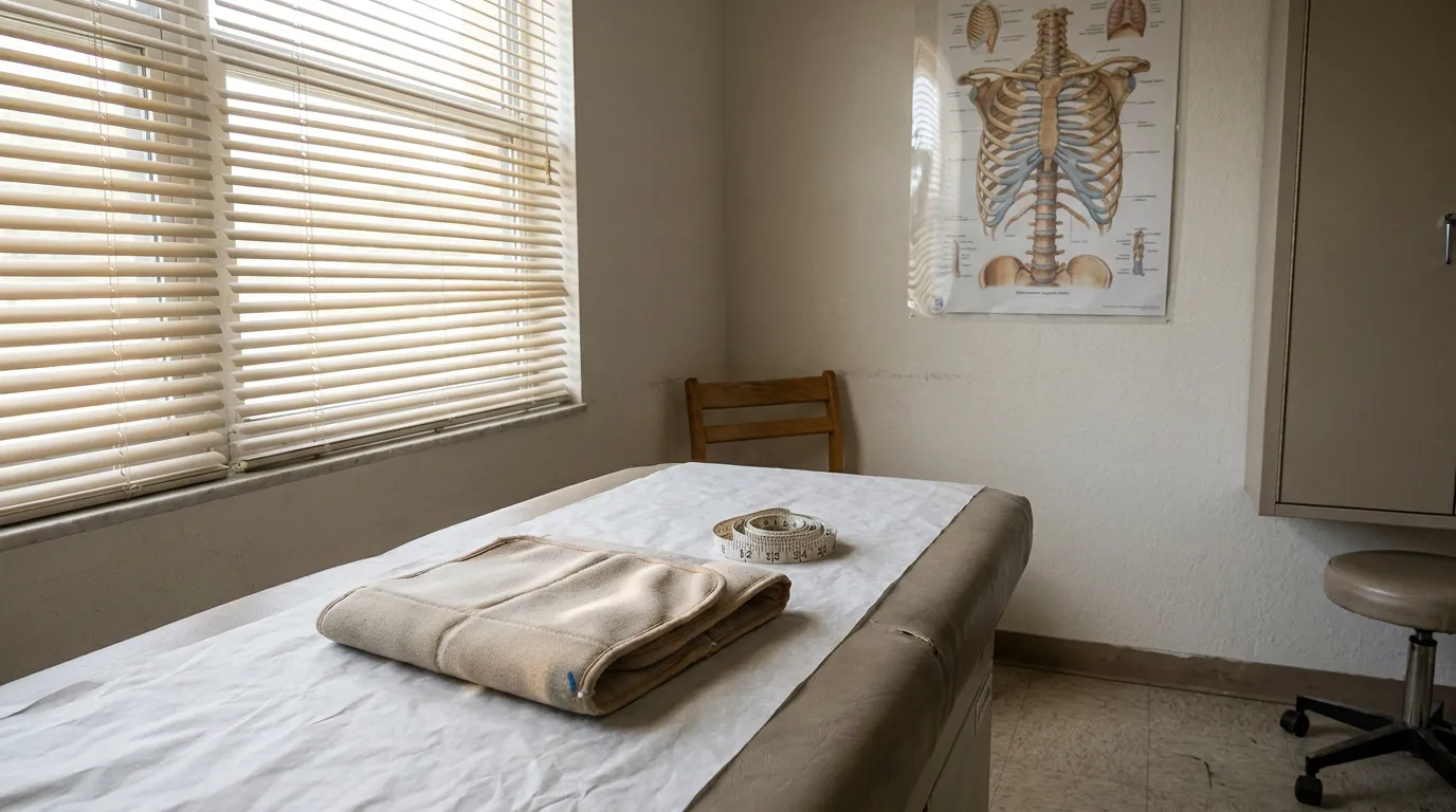 Ft Lauderdale Exam Room For Seat Belt Injury Treatment medical examination table with folded brace, measuring tape, and anatomical chart on wall