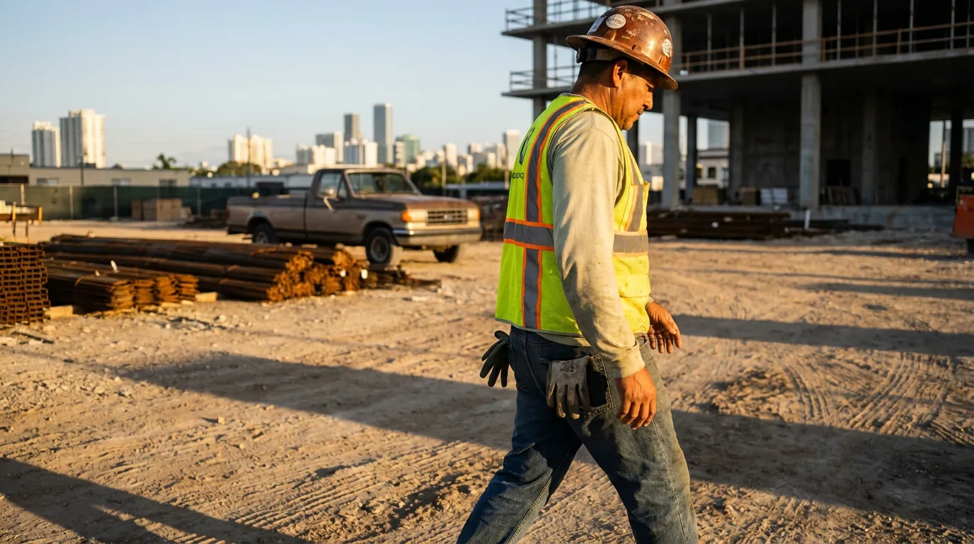 construction worker in hard hat and safety vest walking across active job site