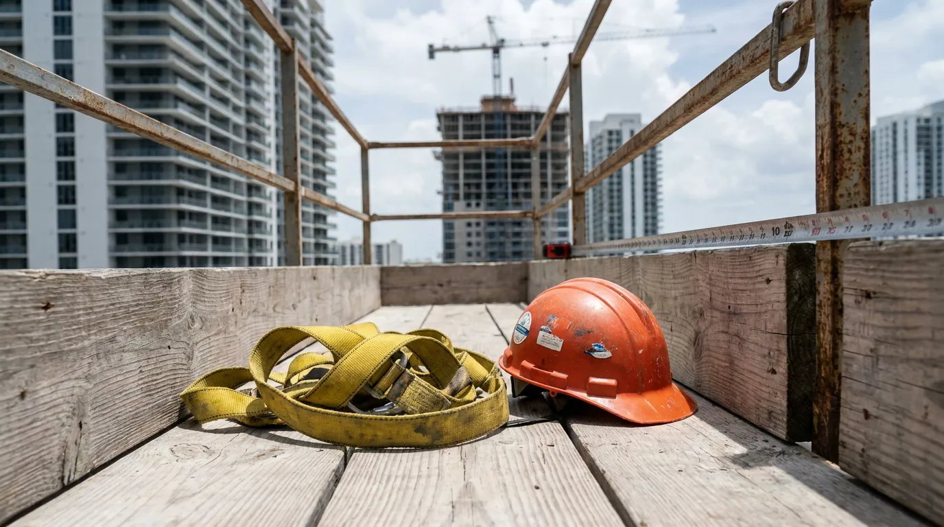 Osha Scaffold Fall Protection Gear Miami Construction Site hard hat and safety harness on scaffolding planks at high-rise construction site