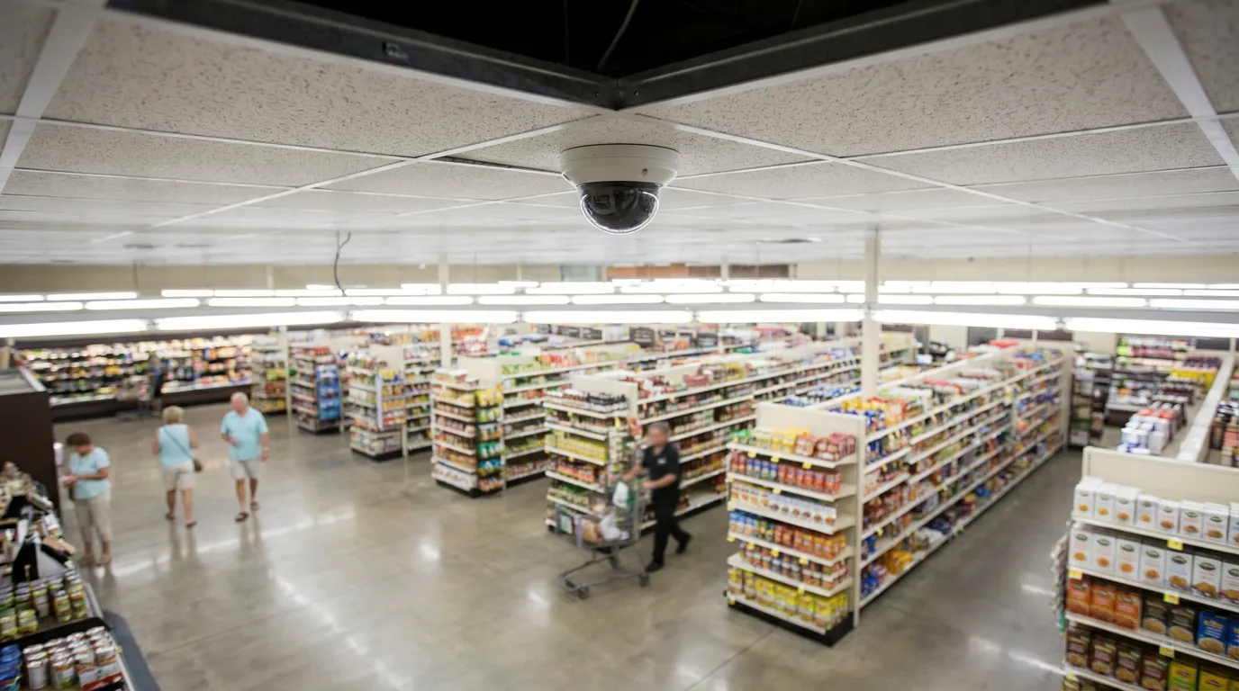 dome security camera mounted on ceiling overlooking grocery store aisles with shoppers