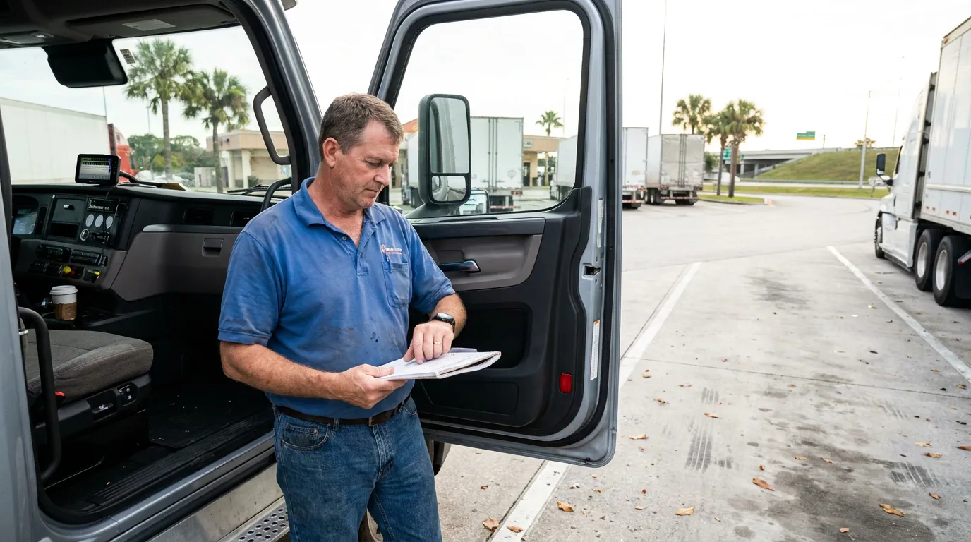 truck driver reviewing documents beside open commercial truck cab door