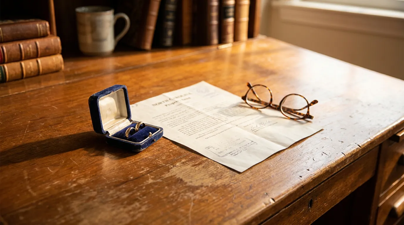 Charlotte NC Medicaid Spousal Transfer Deed wedding rings in velvet box beside signed legal document and eyeglasses on wooden desk