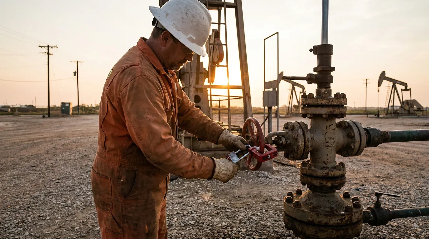 Texas Oilfield Worker Lockout Tagout Wellhead Valve oil field worker in hard hat operating lockout valve at wellhead pump jack