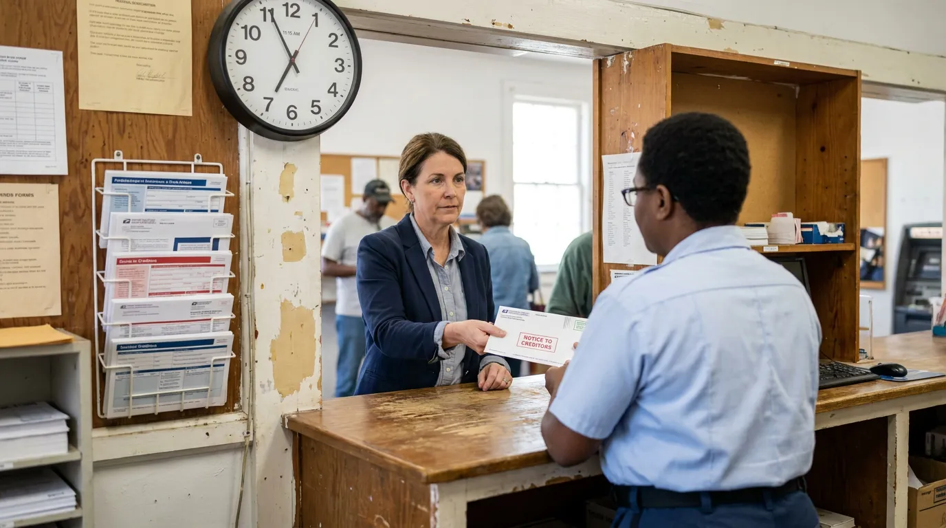 Fort Mill SC Probate Creditor Claim Notice woman handing Notice to Creditors envelope to postal worker at post office counter