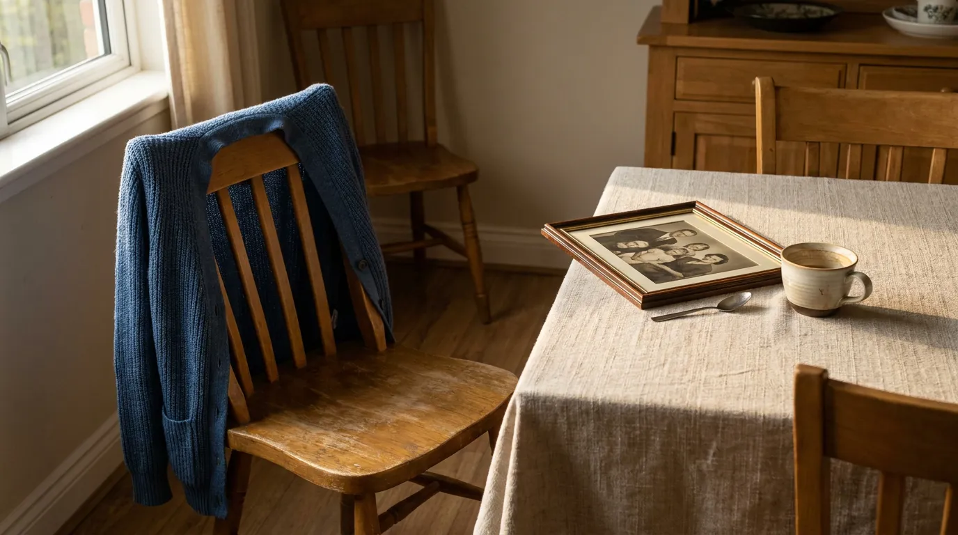 Empty Chair Family Loss Dallas Texas knit sweater draped over wooden chair beside framed family photo on table
