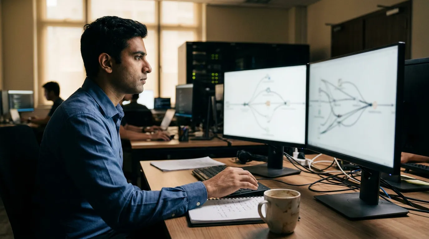 professional analyzing data flow diagrams on dual monitors at office workstation