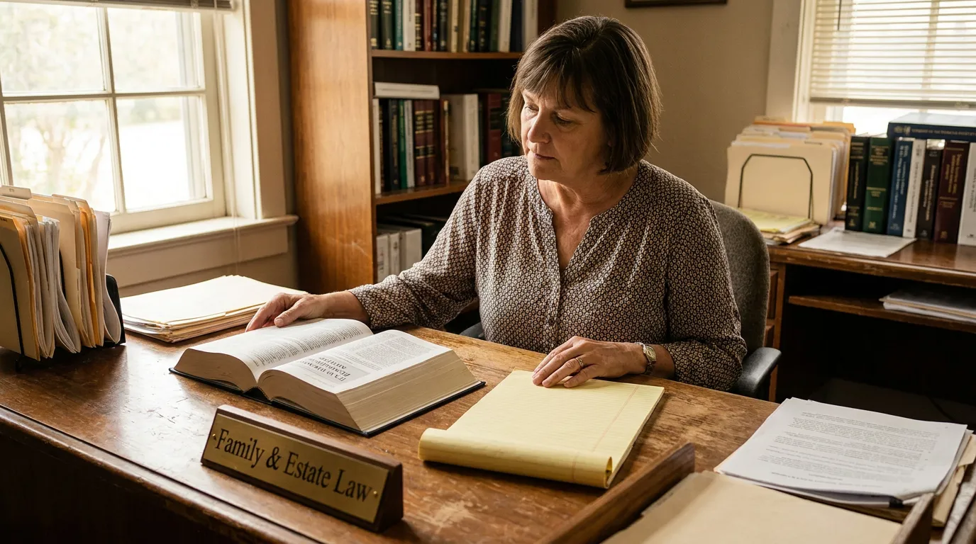 San Antonio Wrongful Death Attorney Reviewing Consortium Claim attorney reviewing open legal book at desk with Family and Estate Law nameplate