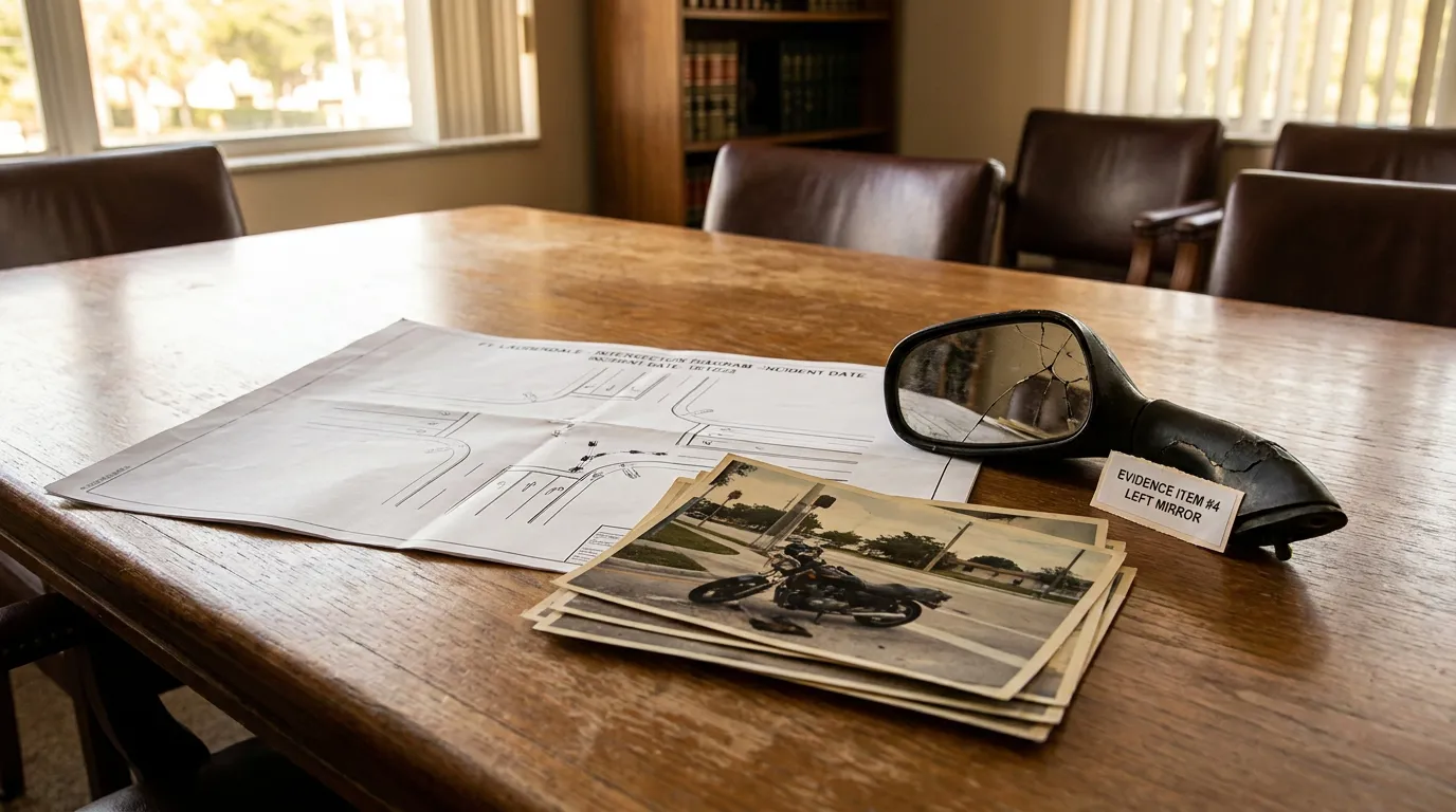 Fort Lauderdale Motorcycle Crash Evidence On Law Table motorcycle accident evidence including cracked side mirror, crash photos, and intersection diagram on conference table