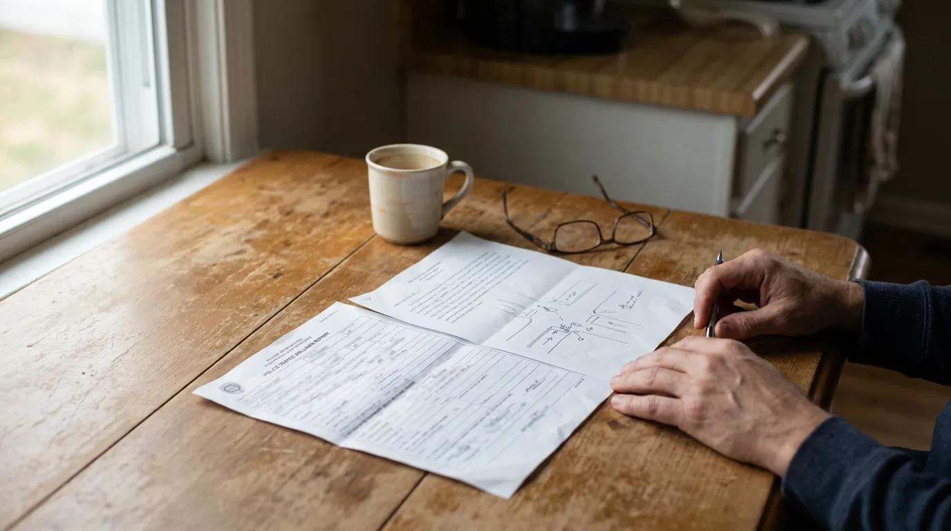 San Antonio Truck Accident Police Report Review person holding pen reviewing police traffic collision report on wooden table