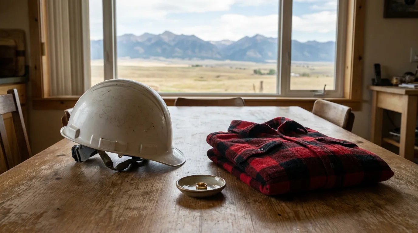 construction hard hat and folded flannel shirt resting on wooden table near window