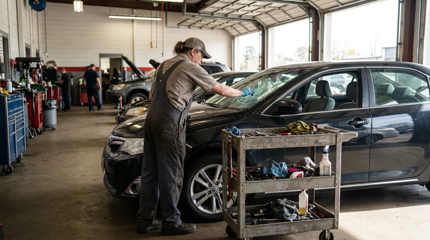 Cracked Windshield Car Accident Illinois Repair Shop mechanic in overalls inspecting cracked windshield on sedan inside auto repair shop