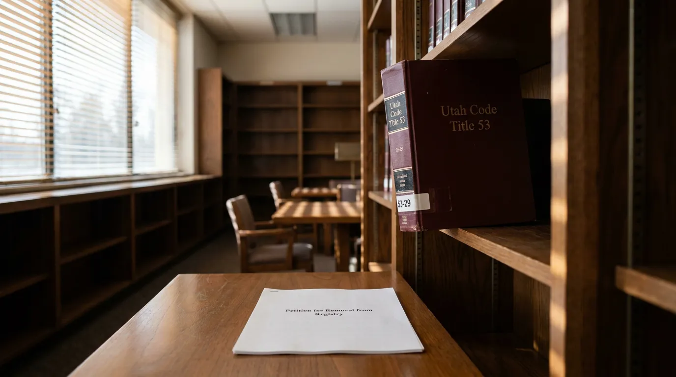 Utah Code Title 53-29 Law Library Salt Lake City Petition for Removal from Registry document beside Utah Code Title 53 law book