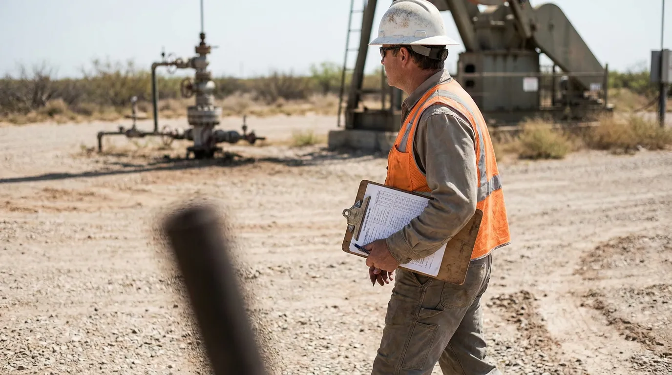 Texas Oilfield Safety Inspector Reviewing Compliance Checklist oil field worker in hard hat and safety vest carrying clipboard at well site
