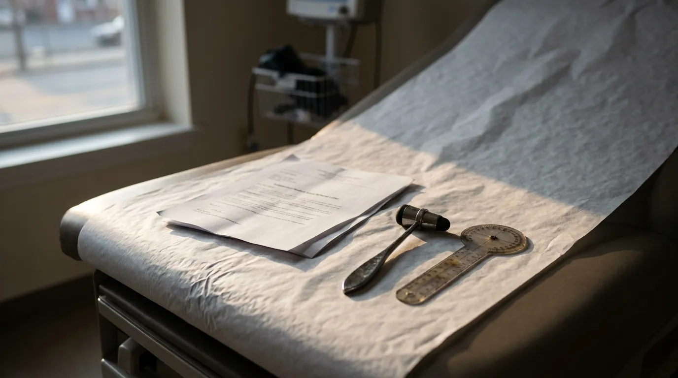 Independent Medical Exam Worcester Car Accident Claim medical examination table with reflex hammer, goniometer, and medical documents