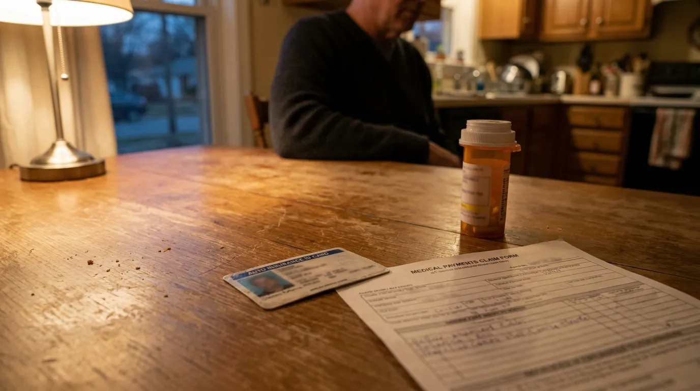 Illinois Medpay Claim Form With Insurance Card Medical payments claim form, auto insurance ID card, and prescription bottle on table