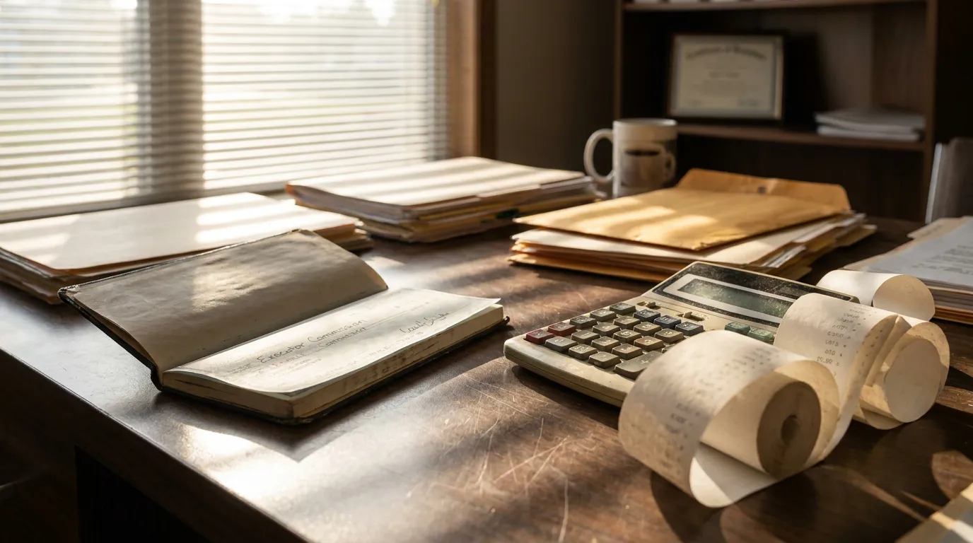 Executor Commission Calculation Desk Charlotte NC executor commission ledger book, calculator, and printed receipt rolls on office desk