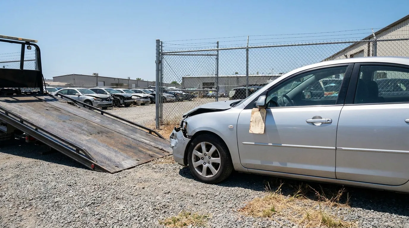 Wrecked Car After Illinois Drunk Driving Crash collision-damaged sedan with evidence tag beside flatbed tow truck at salvage yard