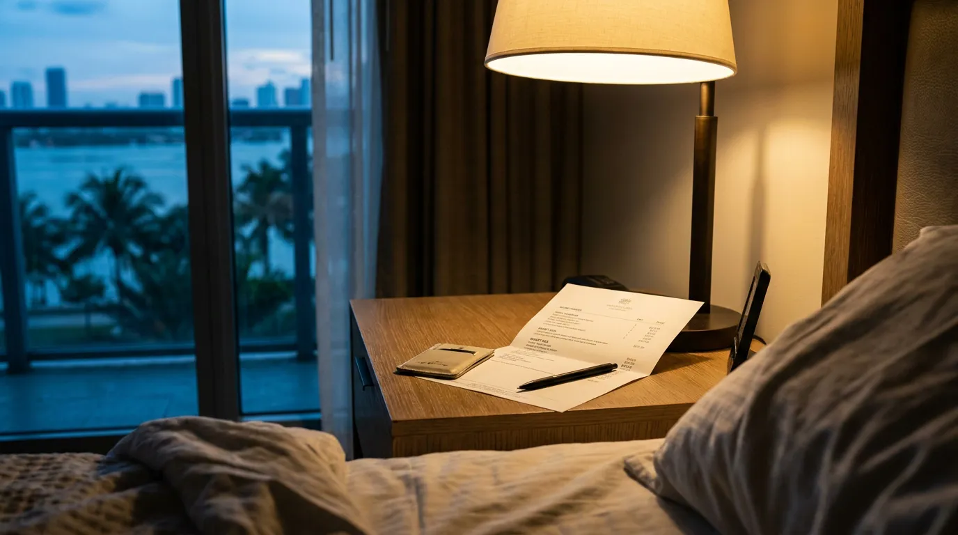 hotel room nightstand with itemized bill, pen, and city skyline view