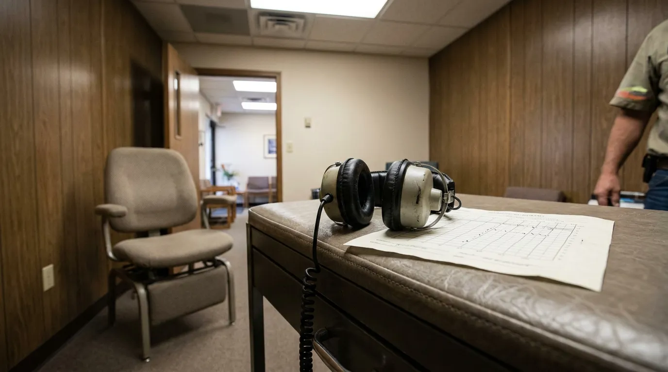 Illinois Railroad Worker Hearing Test Audiogram audiometric headphones and chart resting on examination table in medical testing room