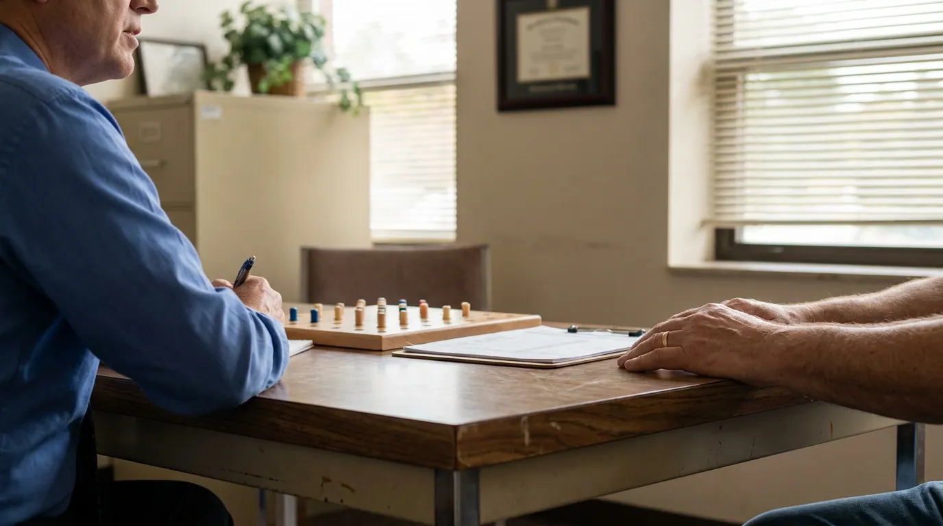 Cognitive Testing After CO Poisoning San Antonio professional holding pen across desk from client during office consultation meeting