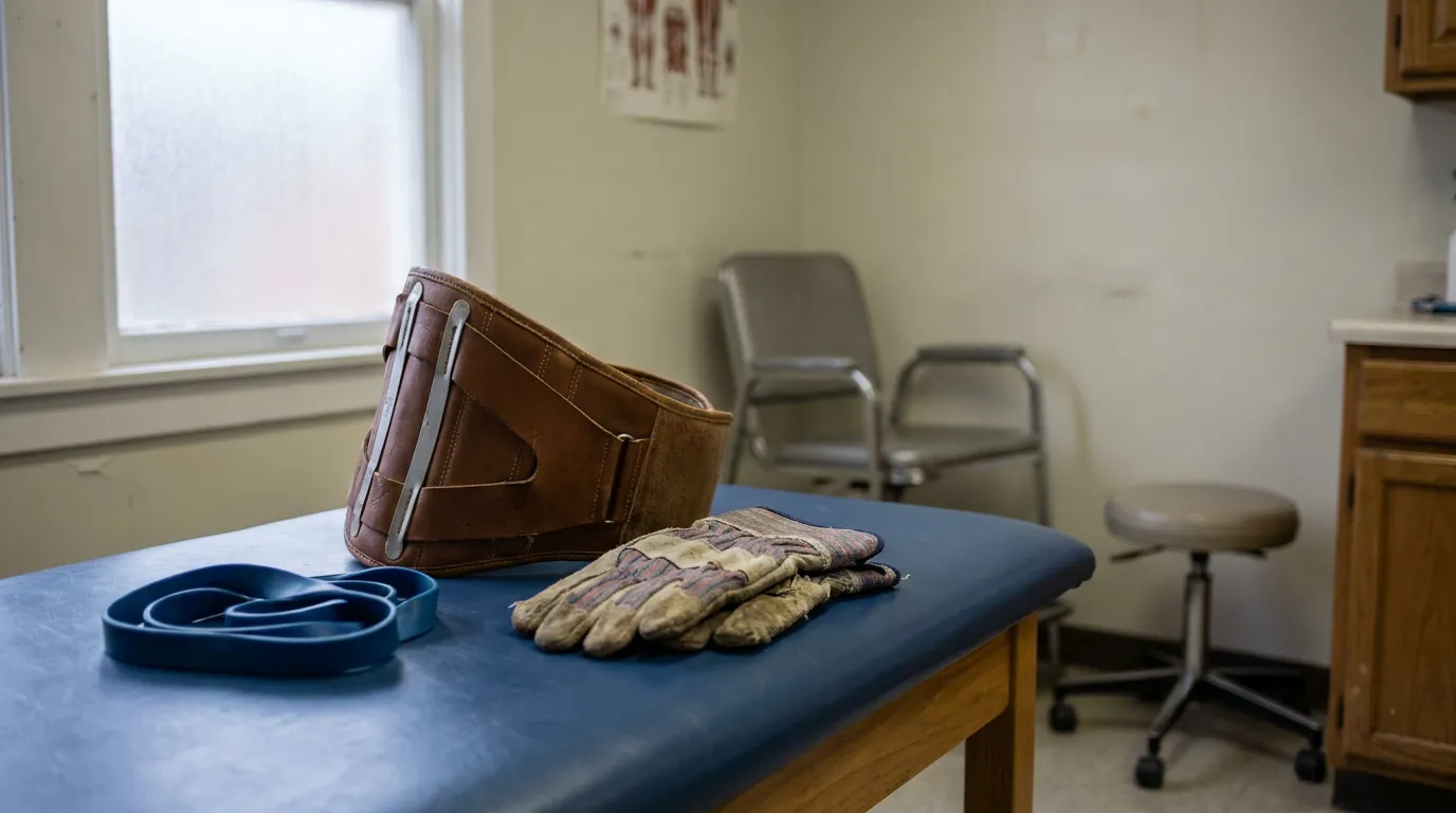 Illinois Railroad Worker Back Brace And Gloves worn work gloves, back support brace, and resistance band on medical exam table