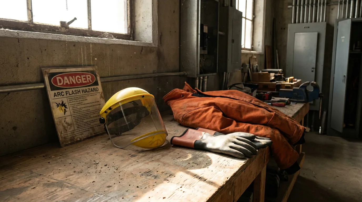 Arc Flash Hazard Gear Illinois Construction Site Danger Arc Flash Hazard sign beside face shield, gloves, and protective jacket on workbench