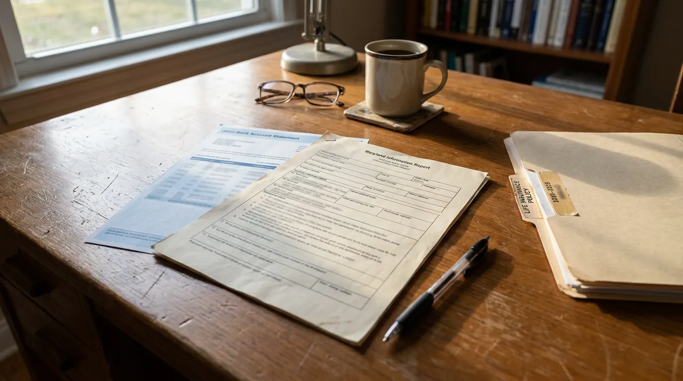 Maryland Information Report Baltimore Estate Documents Maryland Information Report and life insurance policy folder on wooden desk