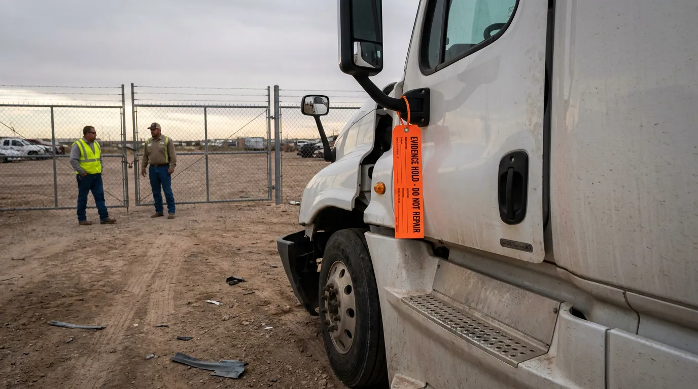 Evidence Hold Tag On Midland Truck Accident commercial truck tagged with Evidence Hold Do Not Repair tag at impound lot