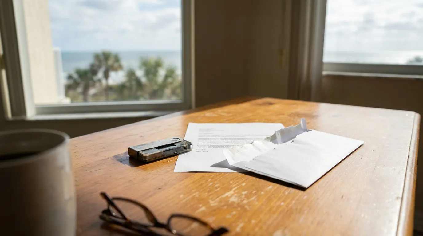 opened legal letter and torn envelope on wooden desk with eyeglasses nearby