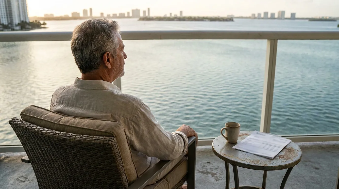 older man seated on balcony overlooking waterway with documents and mug on table