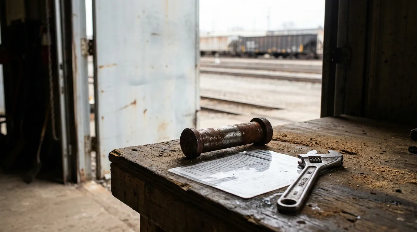 Defective Coupler Illinois Rail Yard Safety Report worn railroad knuckle pin and wrench resting on document at rail yard workbench
