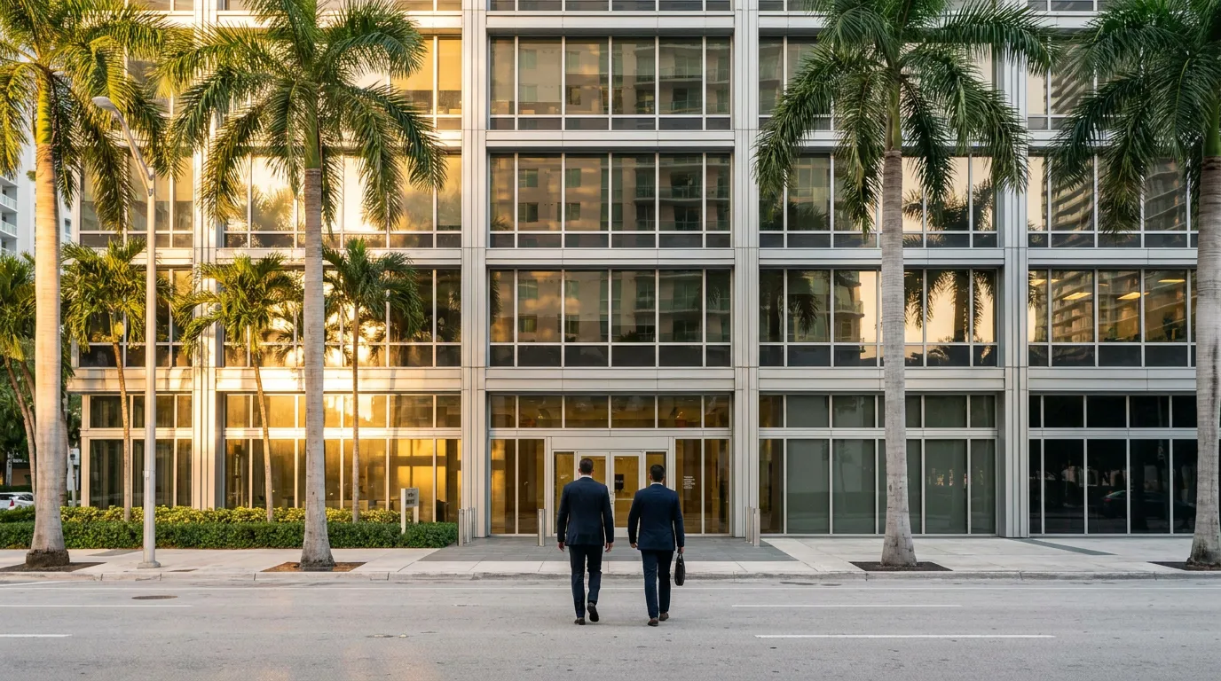 Miami Securities Attorneys Entering FINRA Arbitration Office two suited professionals carrying briefcase walking toward glass office building entrance